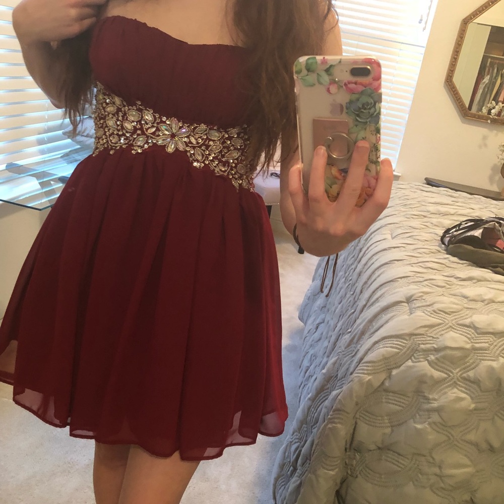 Maroon Strapless Rhinestone Dress - Picture 5 of 5