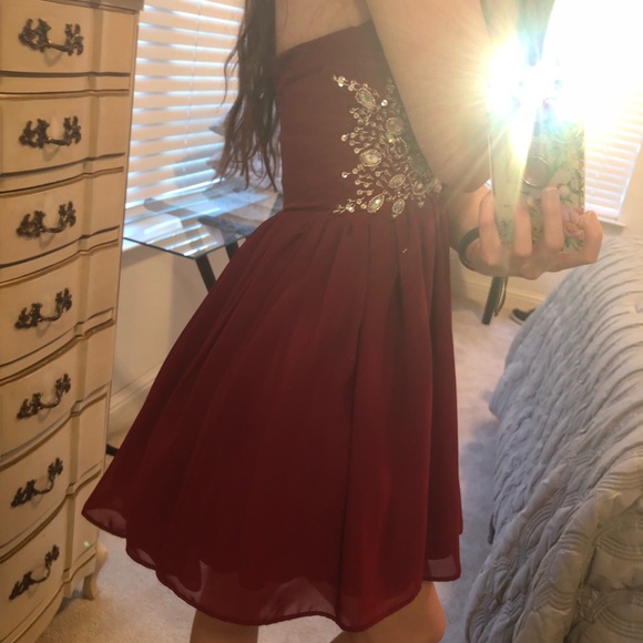 Maroon Strapless Rhinestone Dress - Picture 4 of 5