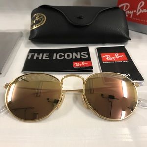 Rayban Round Metal Gold Mirror Pink Sunglasses NEW