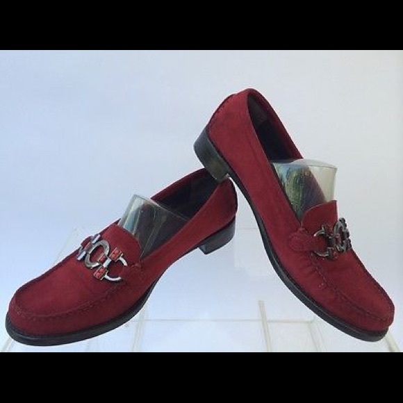 Stuart Weitzman Red Suede Loafers with Buckle 6 - Picture 1 of 8