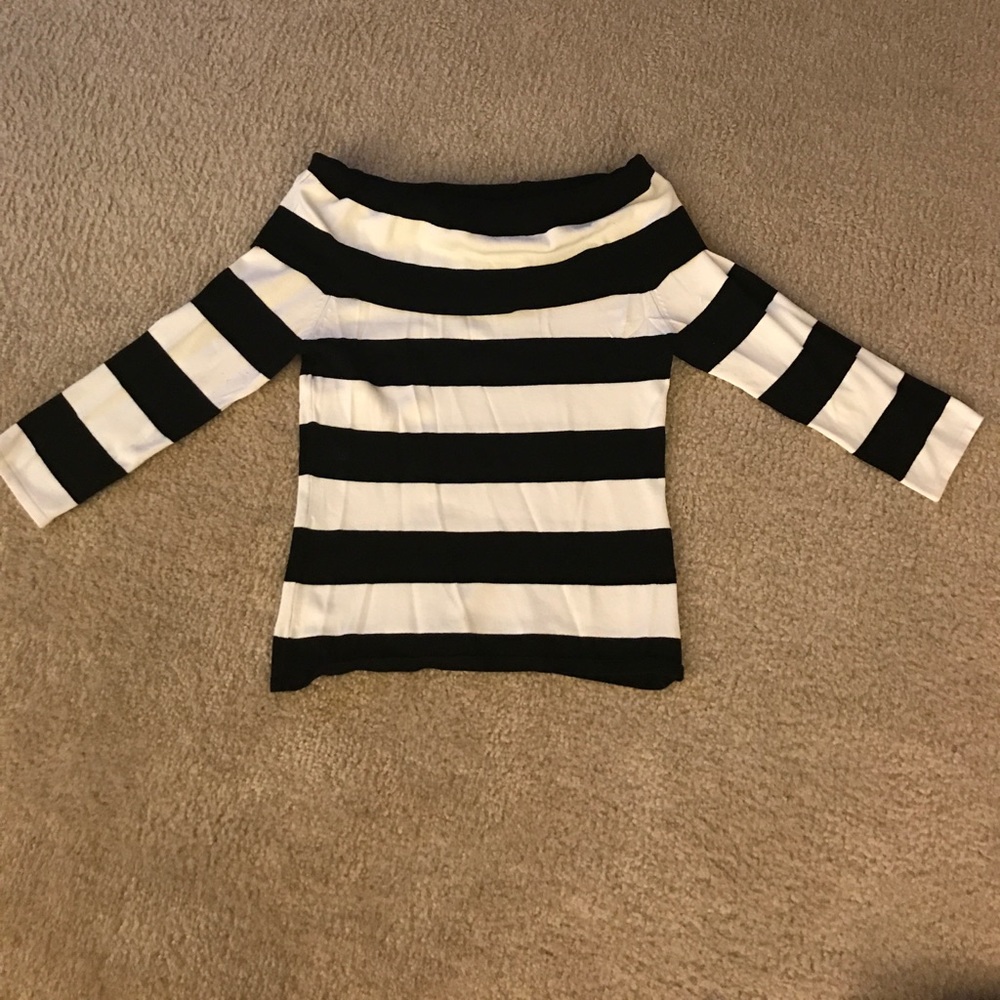 Off the shoulder black and white striped sweater