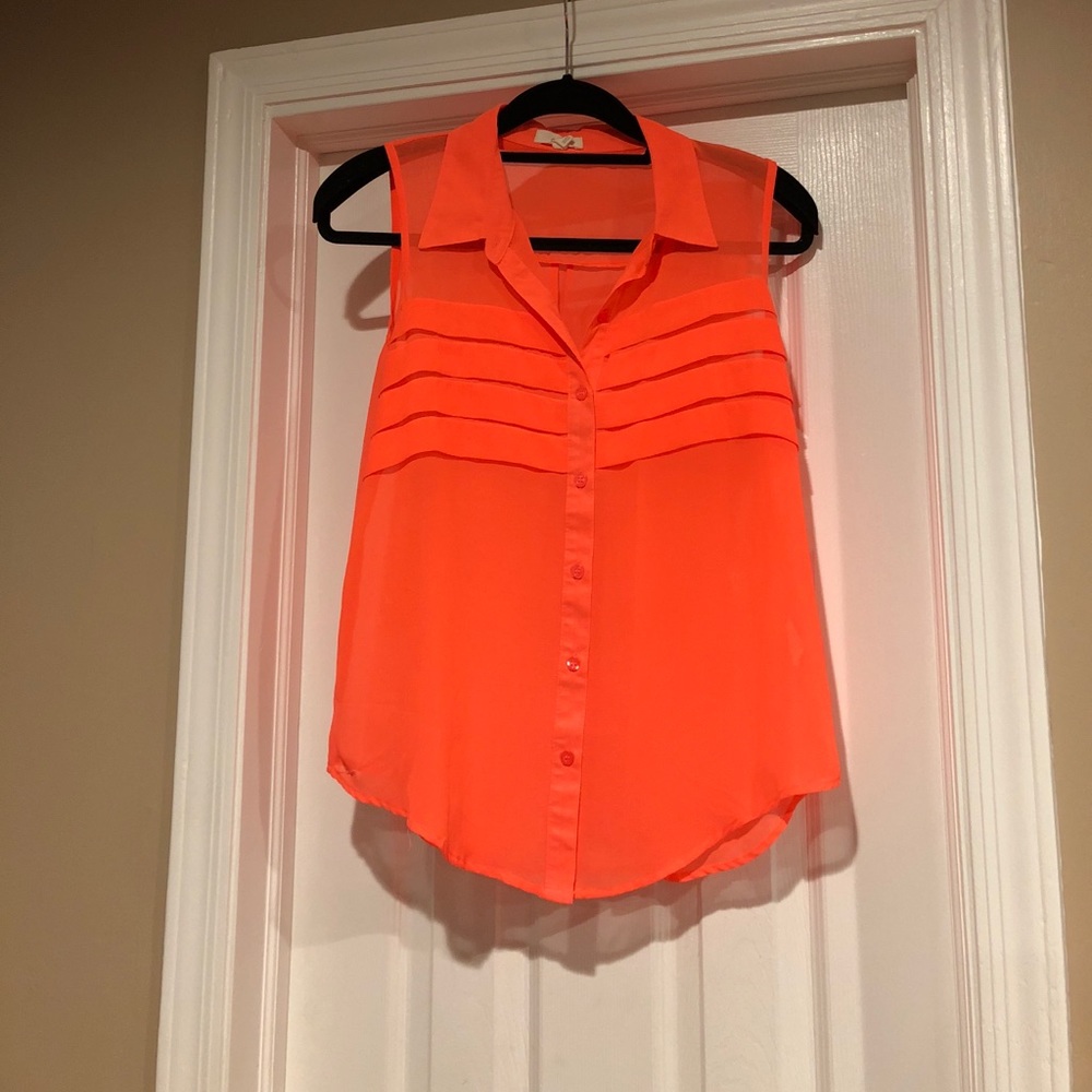 Bright Coral Button Down Sleeveless Shirt