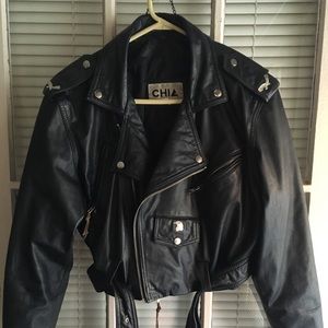 Black leather jacket with eagle embellishments