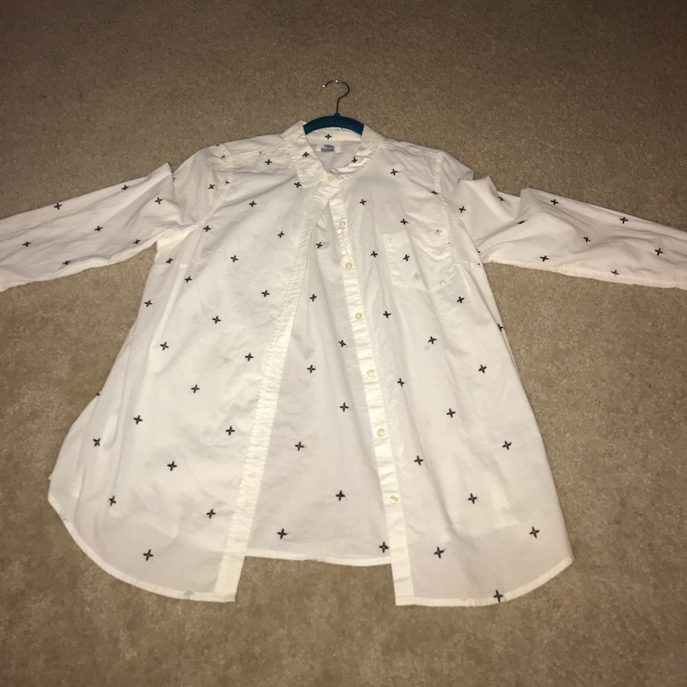 White button up shirt with black cross design