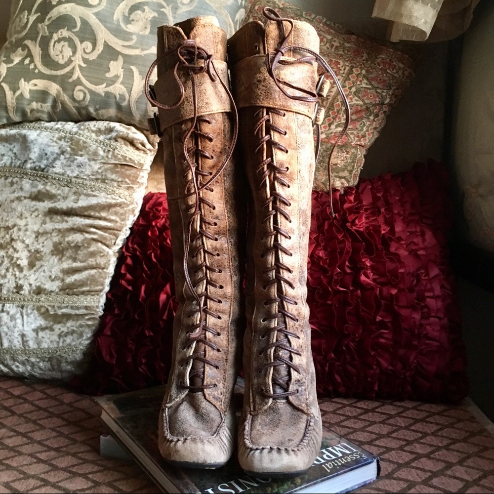 Born Lace•Up Leather Knee High Boots 7.5/38.5