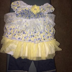 Blue white and yellow ruffle shirt with long short