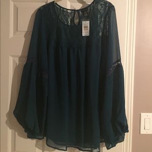 NWT Torrid Sz 2 Teal Chiffon Peasant Style Blouse