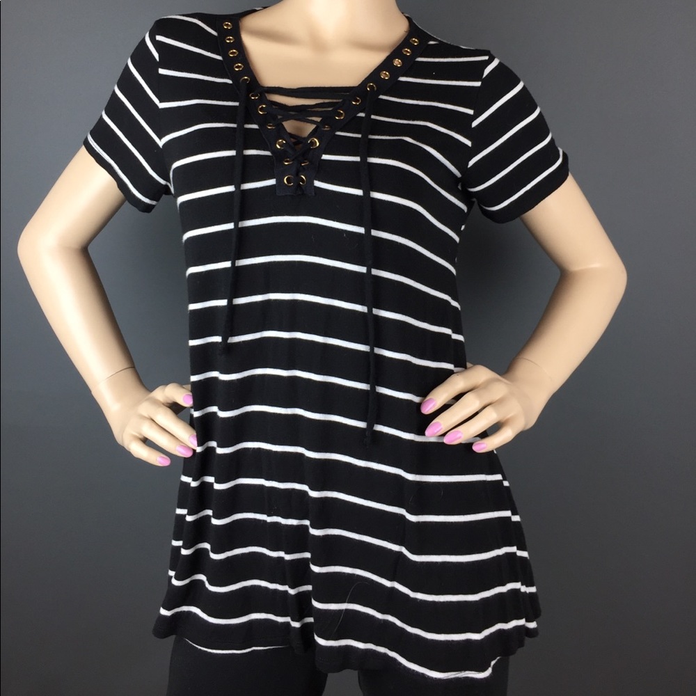 Black White Stripe Tie Up Top Tee Medium✨