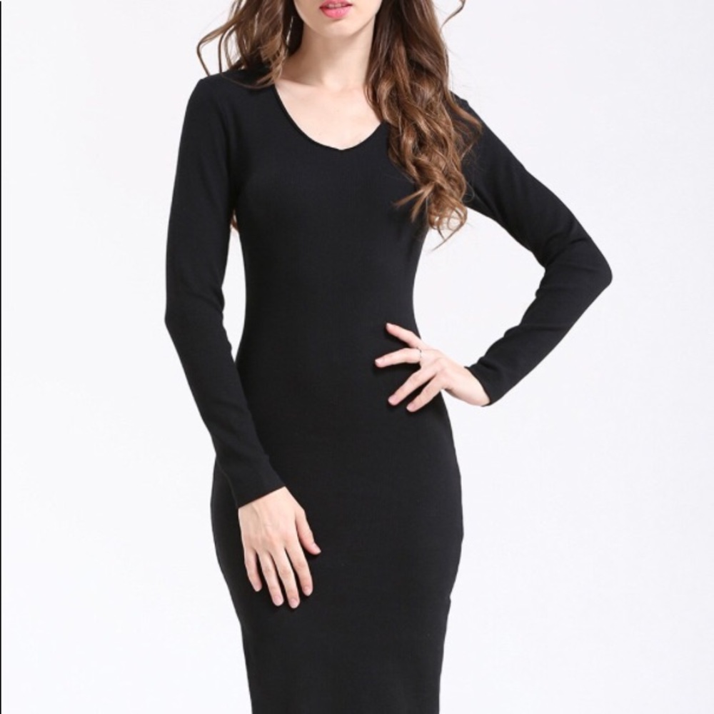 Free People Ribbed Dress Stretch M Black Hi Lo Hem