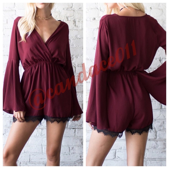 CC Boutique Pants - Burgundy Bell Sleeve Lace Trim Romper
