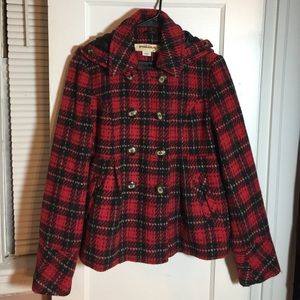 Hydraulic red plaid pea coat
