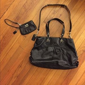 Authentic black leather coach bag and wristlet