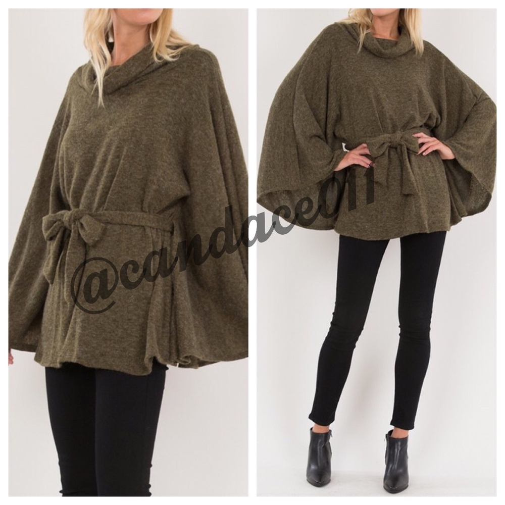 Olive Kimono Belted Poncho Sweater