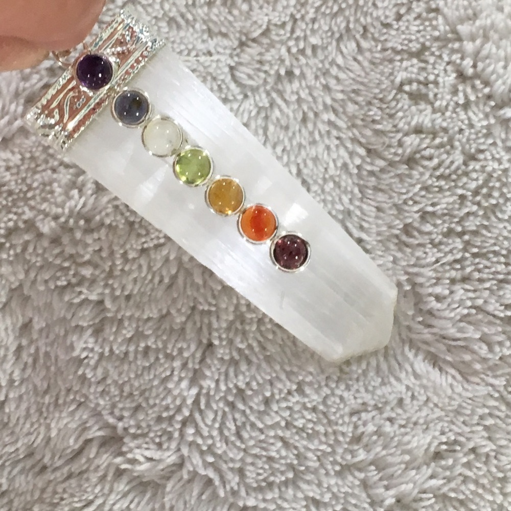 Selenite Point Pendant with Chakra Stones (D)