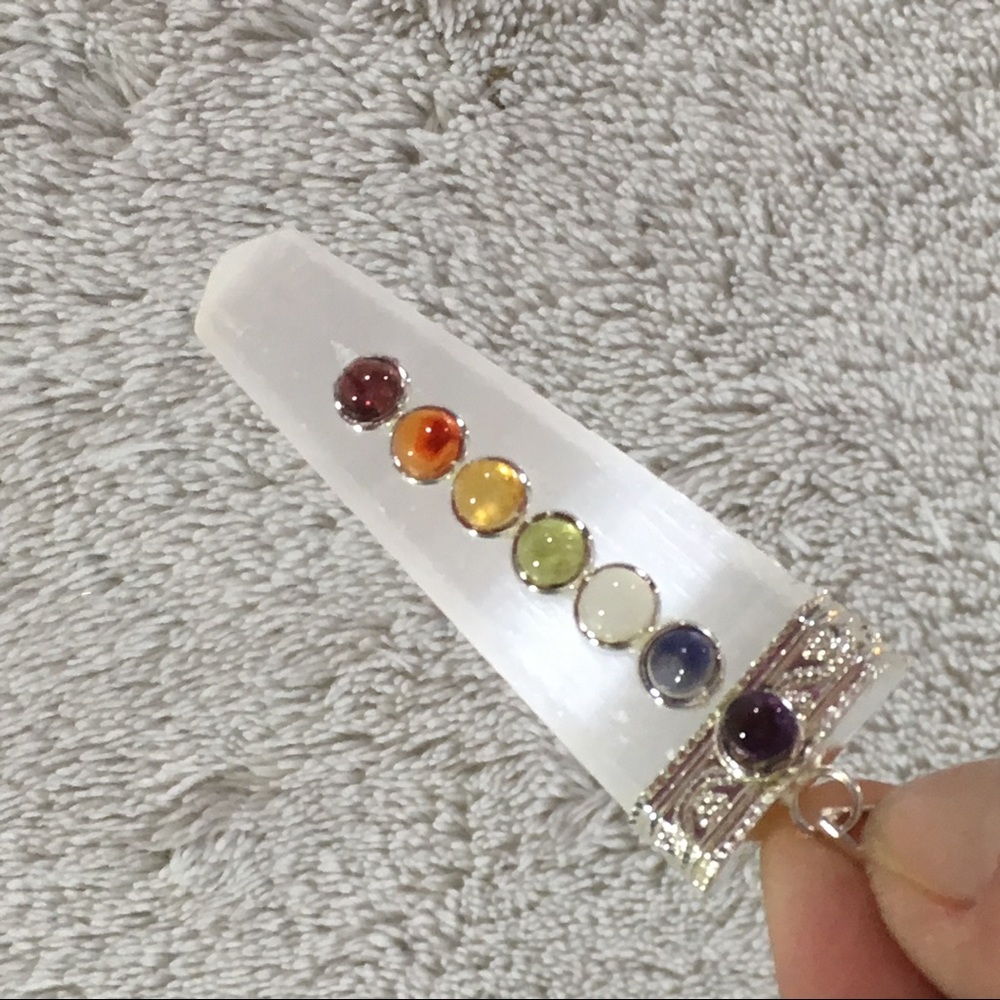 Selenite Point Pendant with Chakra Stones (F)