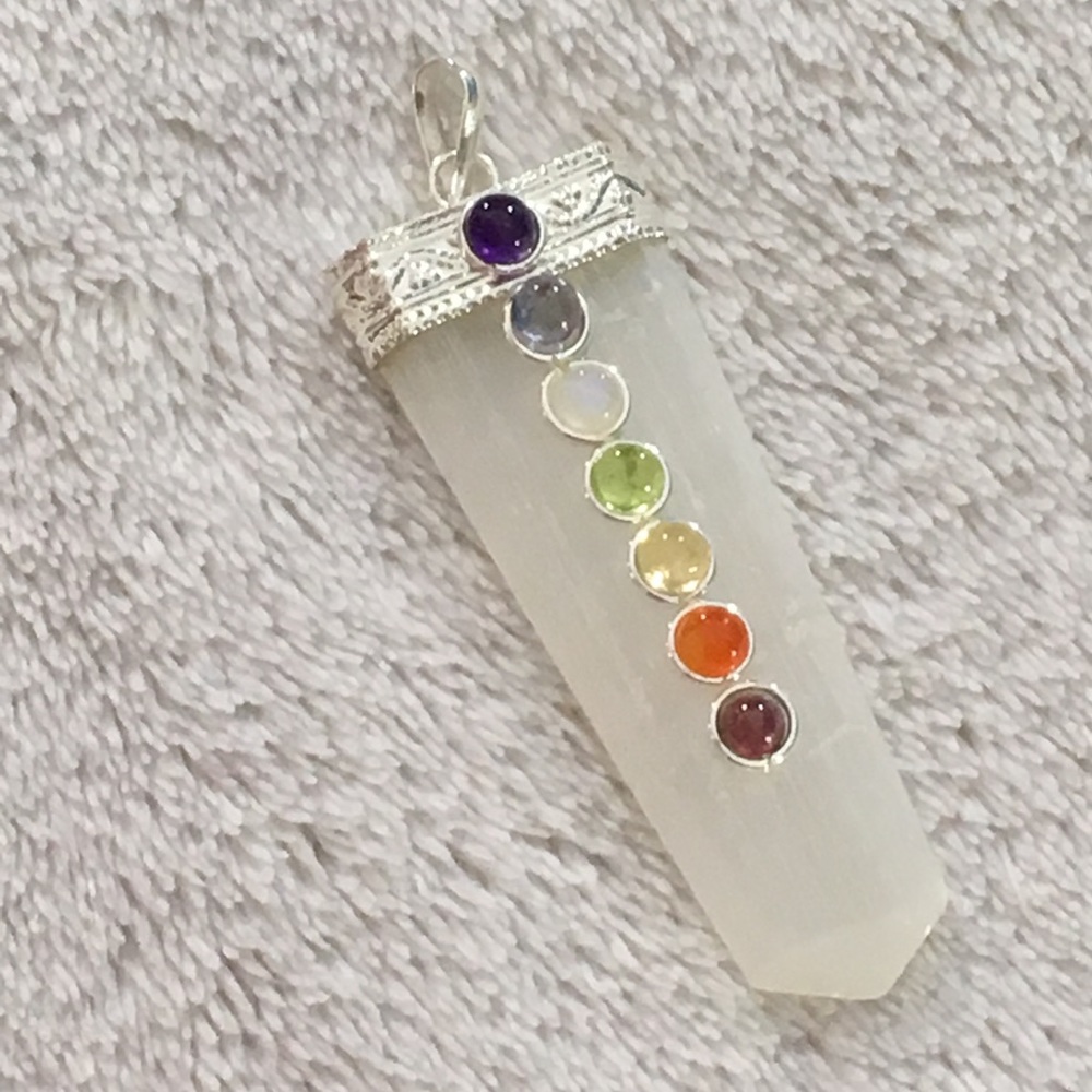 Selenite Point Pendant with Chakra Stones (L)