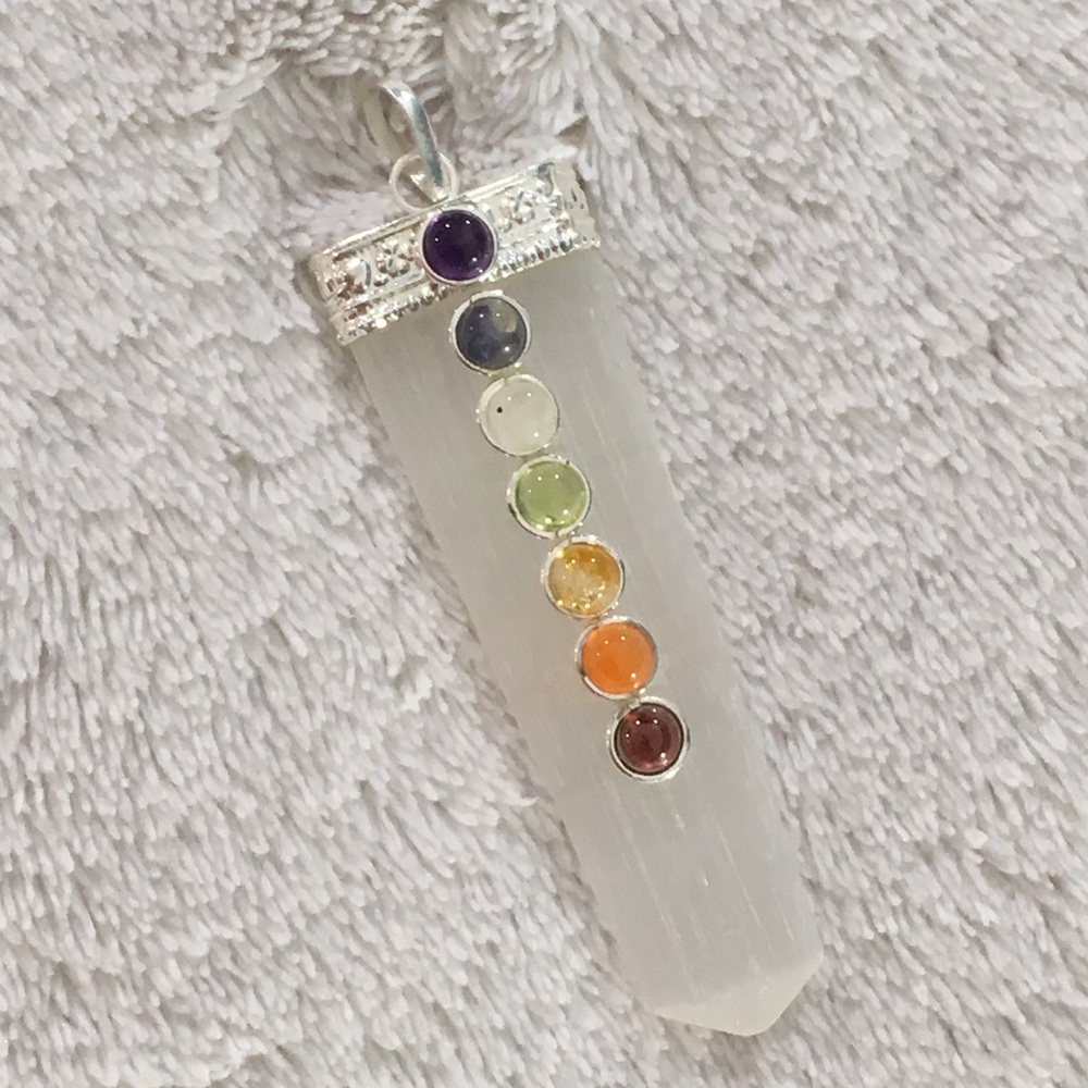 Selenite Point Pendant with Chakra Stones (O)