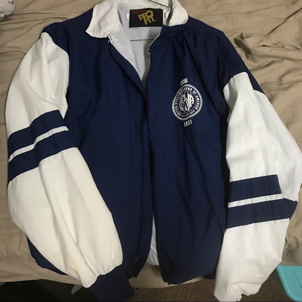 Blue and white windbreaker