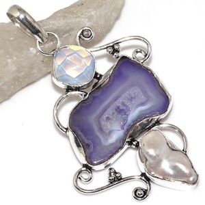 Purple Agate Druzy Opalite & Pearl Pendant WE47535