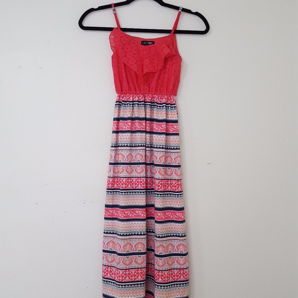 Pink Ruffle Neckline Girls Maxi Dress