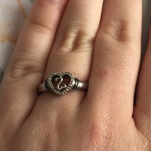 Open heart ring with black stones