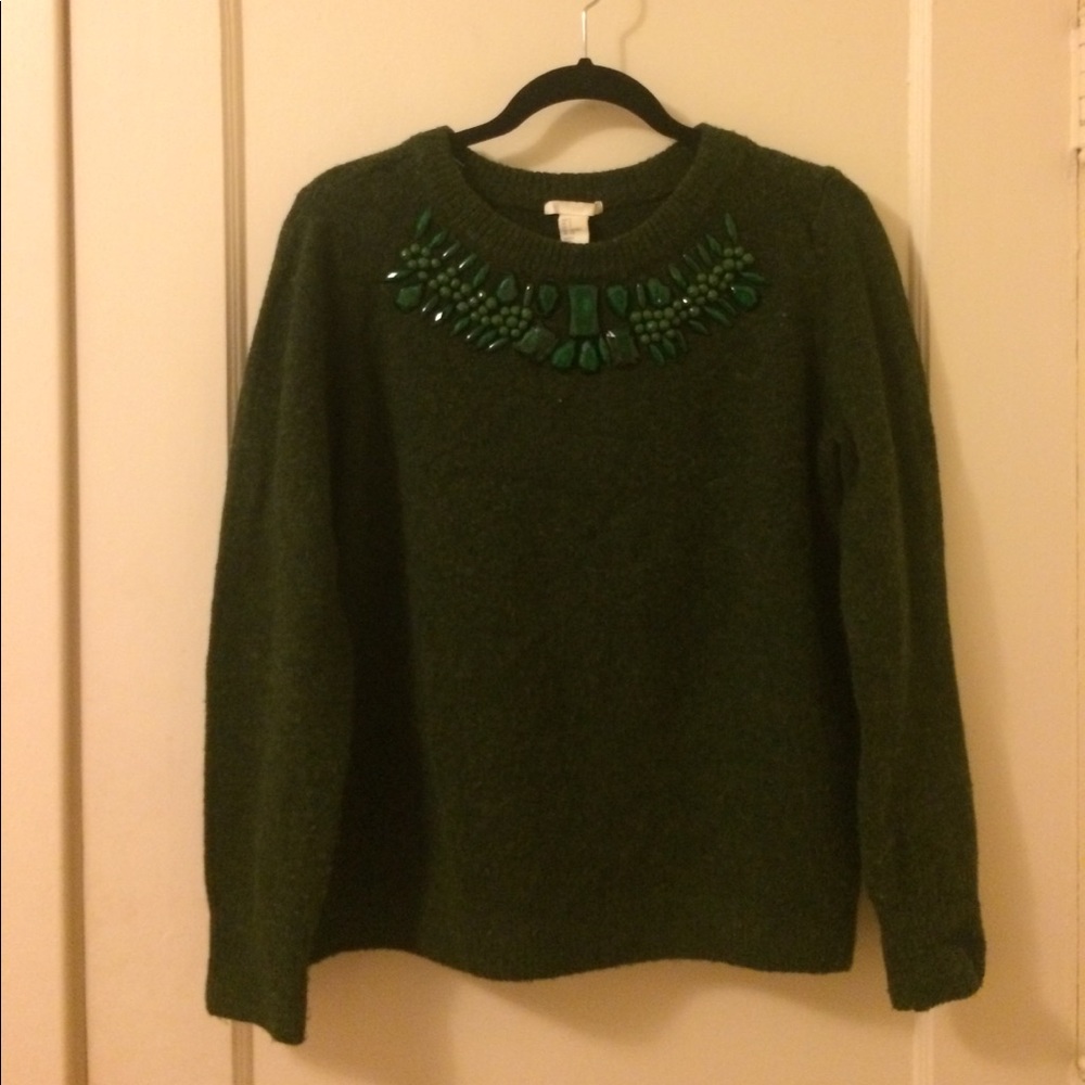 Cozy Green Sweater W/ Beaded Neckline