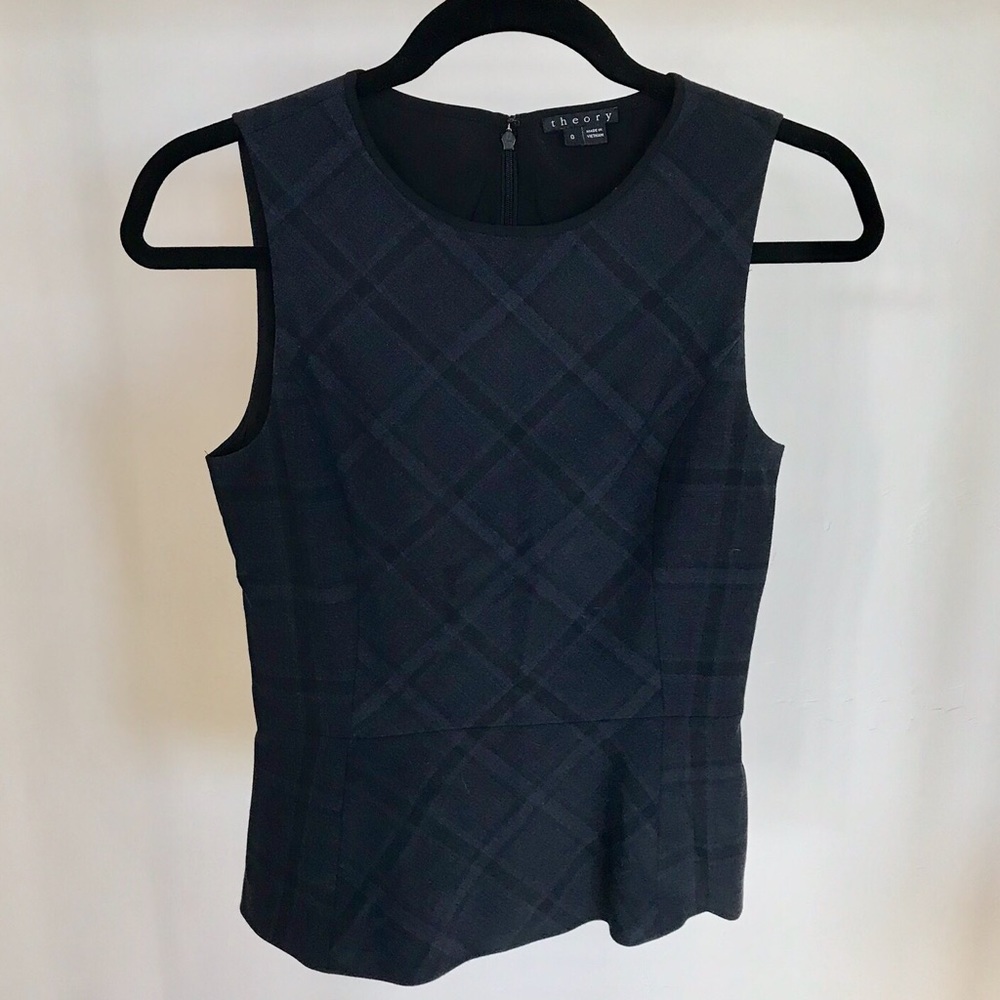 Theory Stretch Wool Plaid Peplum Sleeveless Top