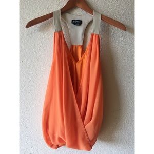 BEBE Plunging racerback with faux leather trim