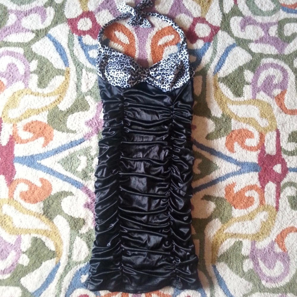 🍭SOLD🍭Coffin Draped Halter Dress Leopard Ruched