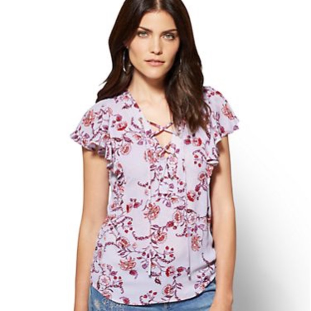 Lace up ruffled sleeve blouse