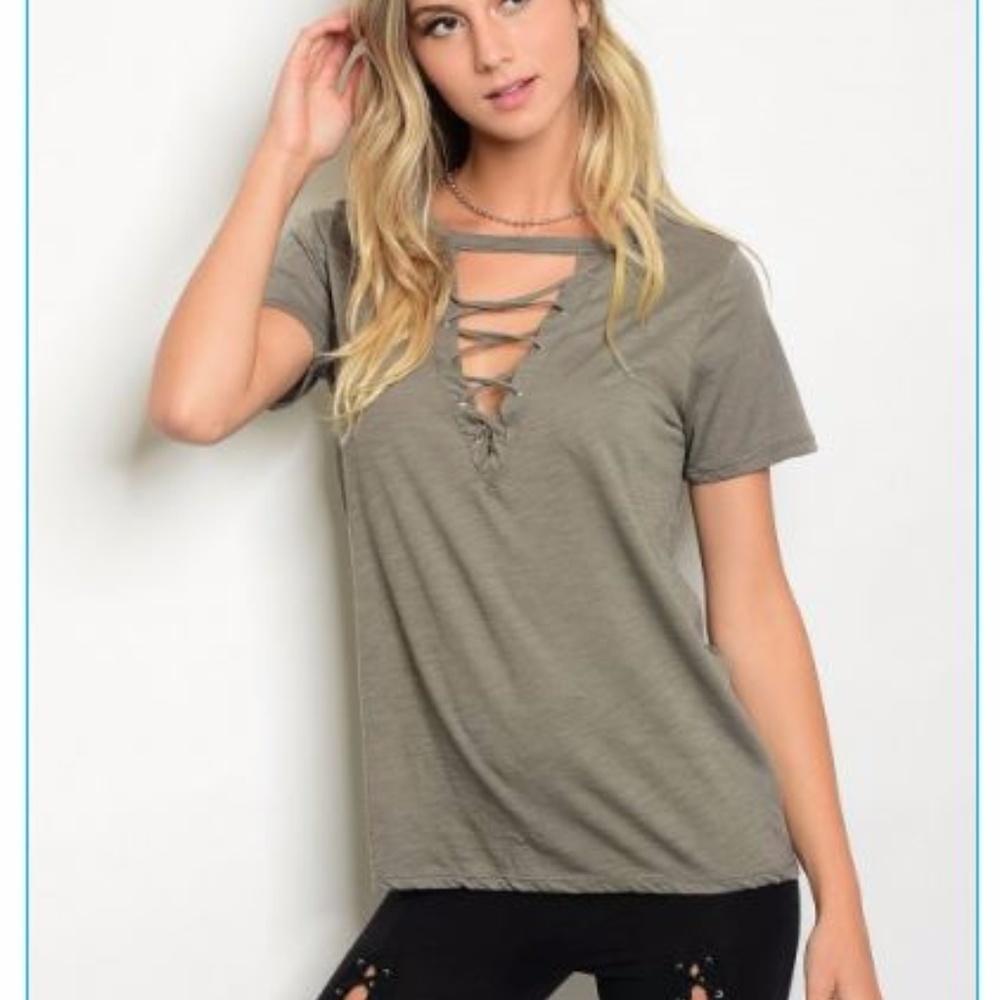“Ray” Olive Lace front deep v neck tee