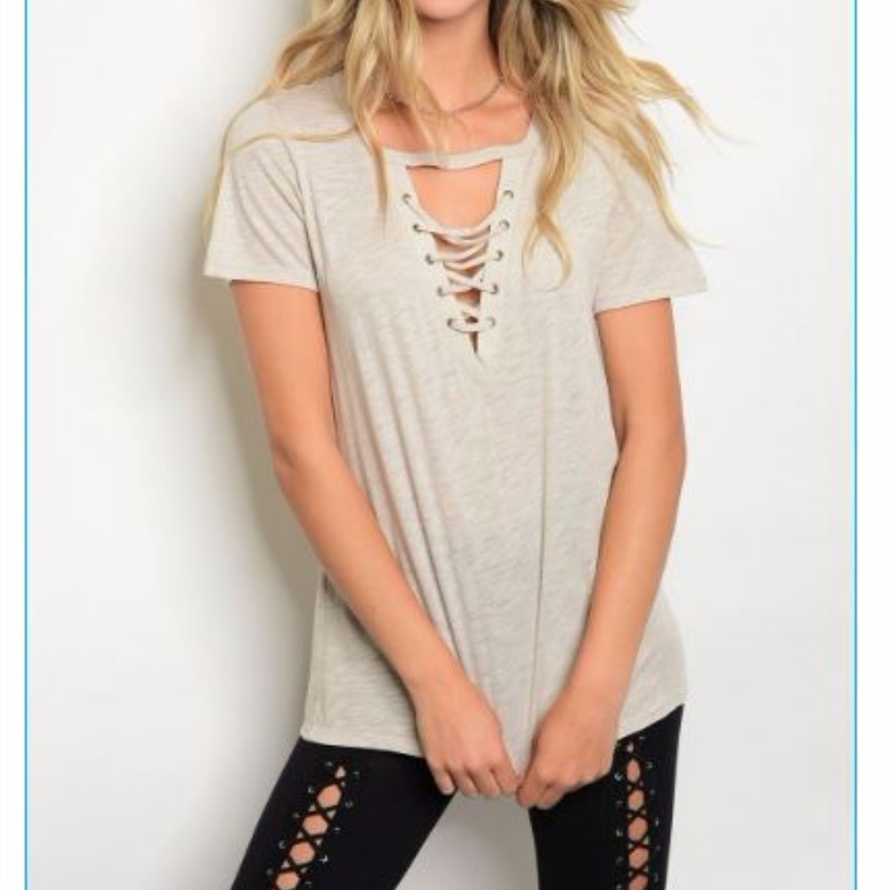 “Ray” Oatmeal Lace up tee, deep v neck tee