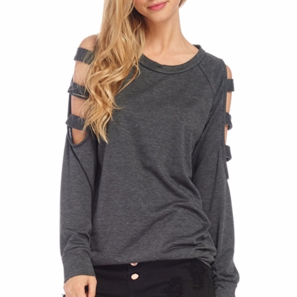 “Vida” Charcoal Ladder Sleeve Tee, Long sleeve - Picture 2 of 3