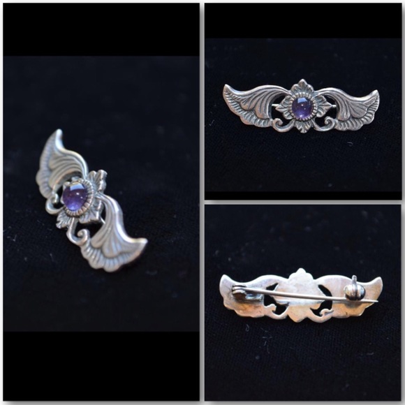 Vintage Jewelry - Revival Art Nouveau S Silver & Amethyst Pin Brooch Vintage Jewelry - Revival Art Nouveau S Silver & Amethyst Pin Brooch