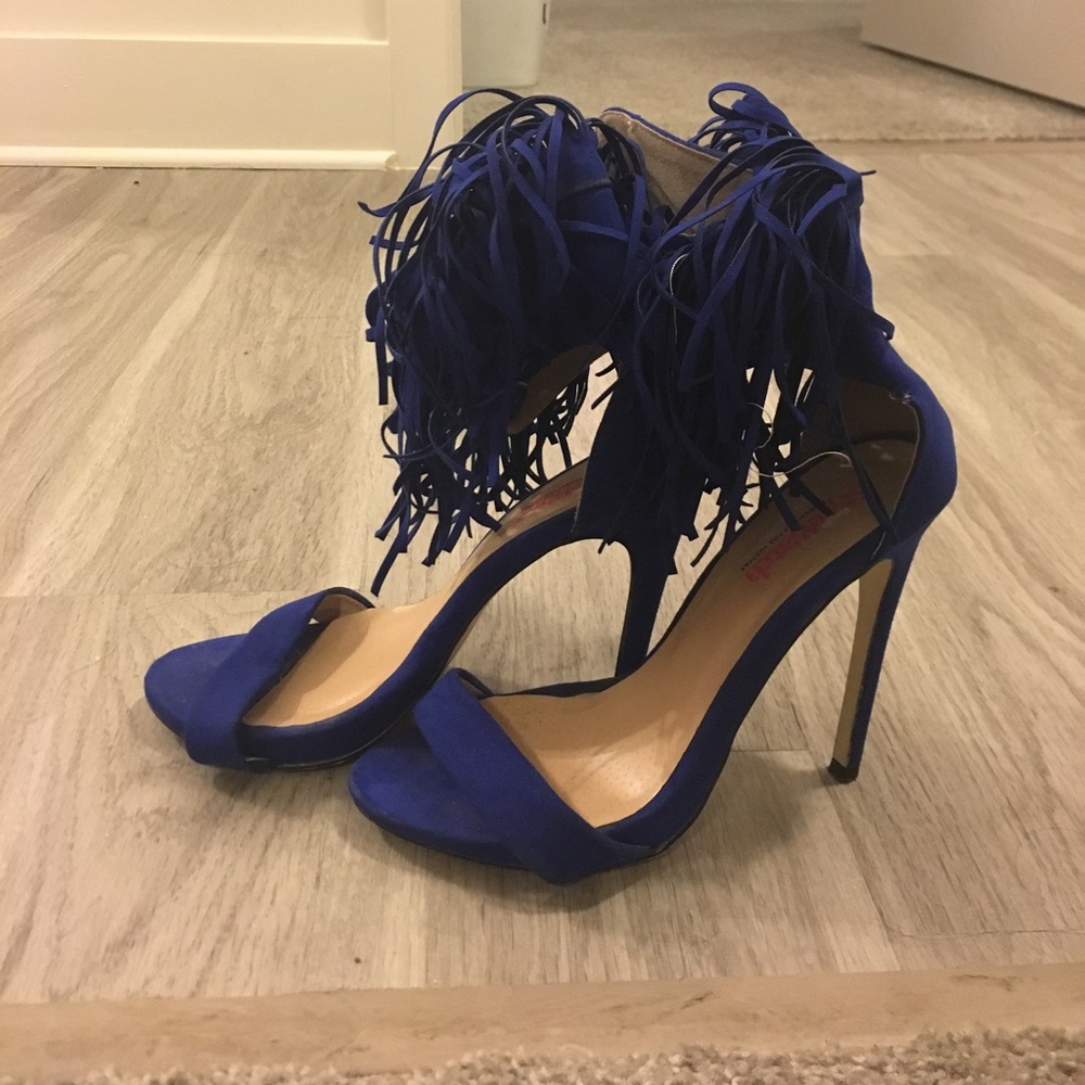 Faux suede fringe strappy heels