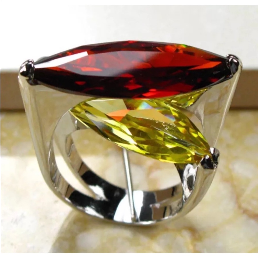 White Gold Plated Marquis Citrine Garnet Ring Sz8