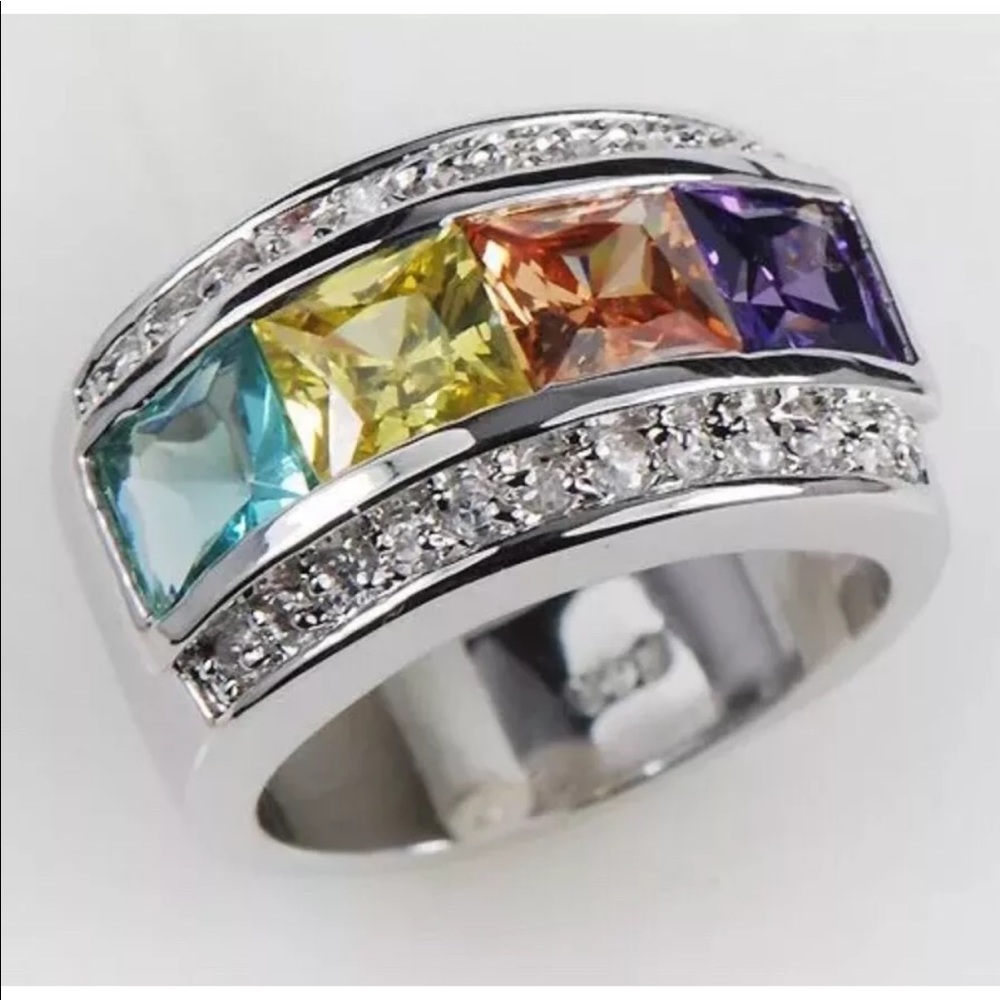 White Gold Plated Amethyst Citrine Topaz Ring