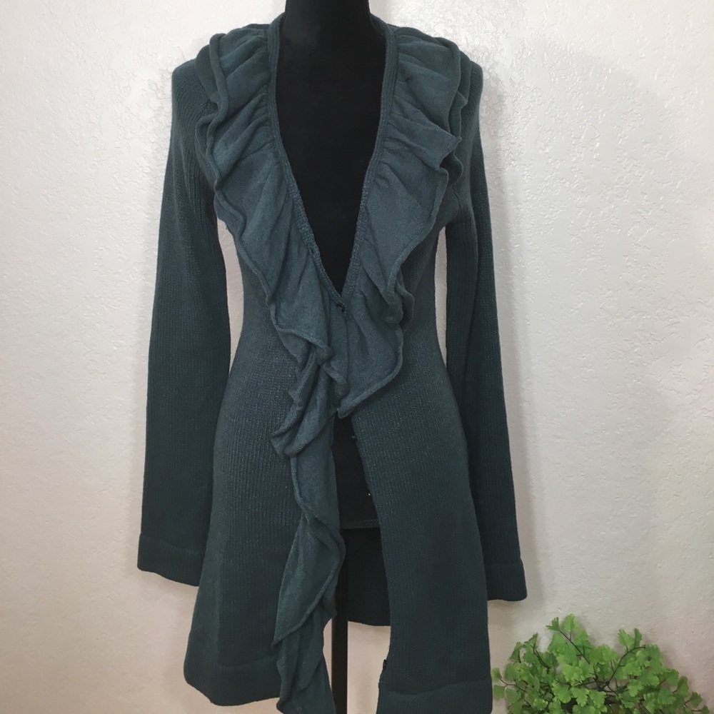 The LIMITED Teal 3/4 Length Waterfall Ruffle Cardi