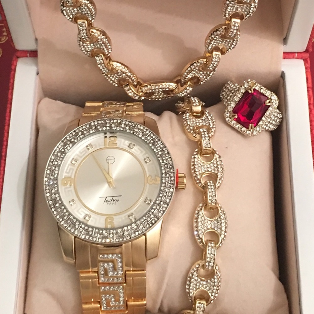 Luxury Gold Tone Wach&Bracelet&Ring&Chain Necklace