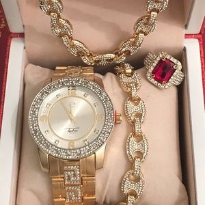 Luxury Gold Tone Wach&Bracelet&Ring&Chain Necklace