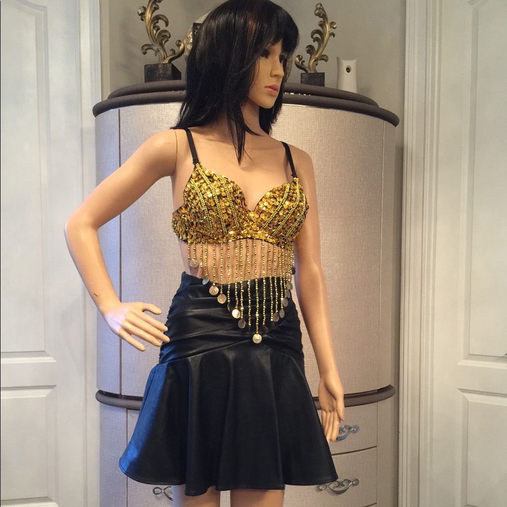 "Bebe" black leather skirt-gold sequence style bra