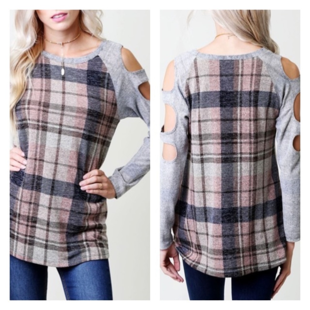 Last 1💥Mocha plaid long sleeve top sleeve detail - Picture 2 of 2