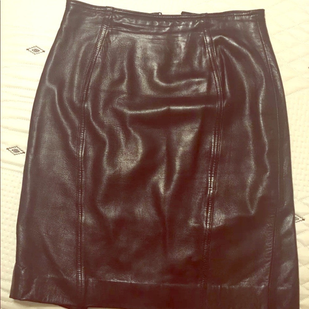 Black Genuine Leather A Line Knee Length Skirt