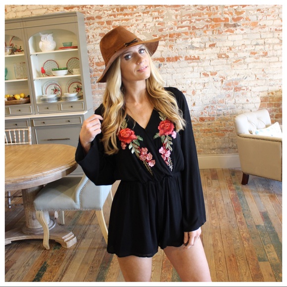 Pants - Black embroidered long sleeve romper
