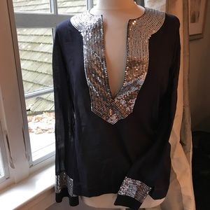 Tory Burch navy tunic with silver sequin detail.
