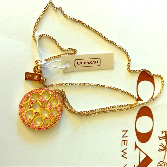 NWT Coach gold plated DISC Necklace pink crystal. - Picture 2 of 7
