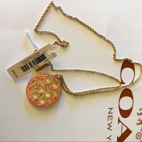 NWT Coach gold plated DISC Necklace pink crystal. - Picture 4 of 7