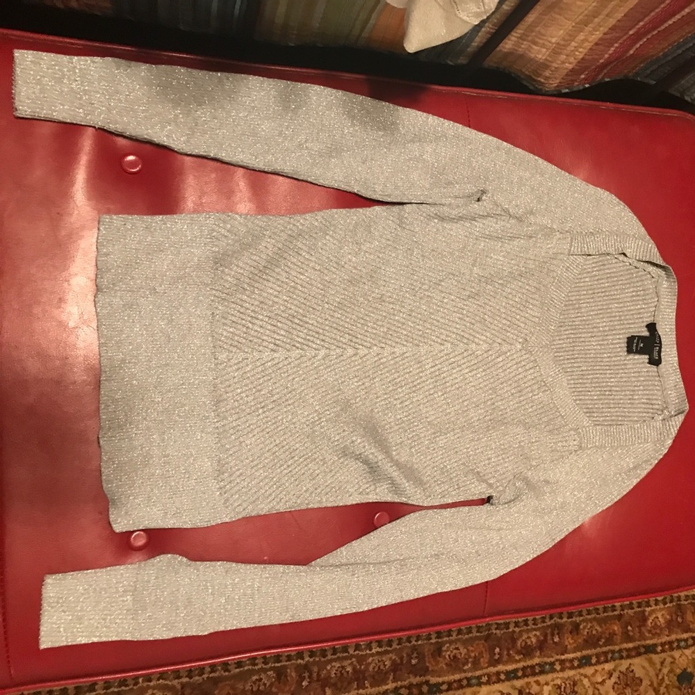 gray sweater with silver thread