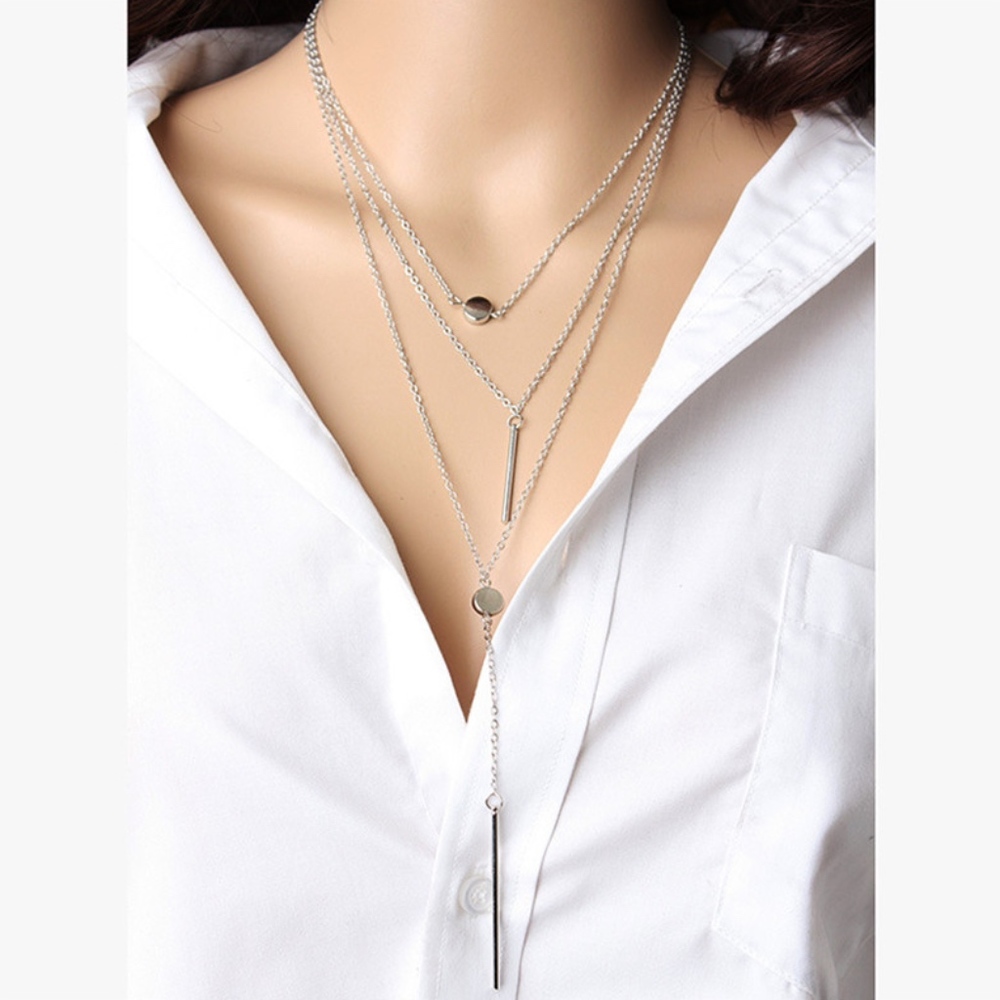 Boho Silver Triple Layer Bar & Coin Necklace