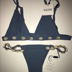 NWT KAOHS Cheeky Bikini with puka shells in blue